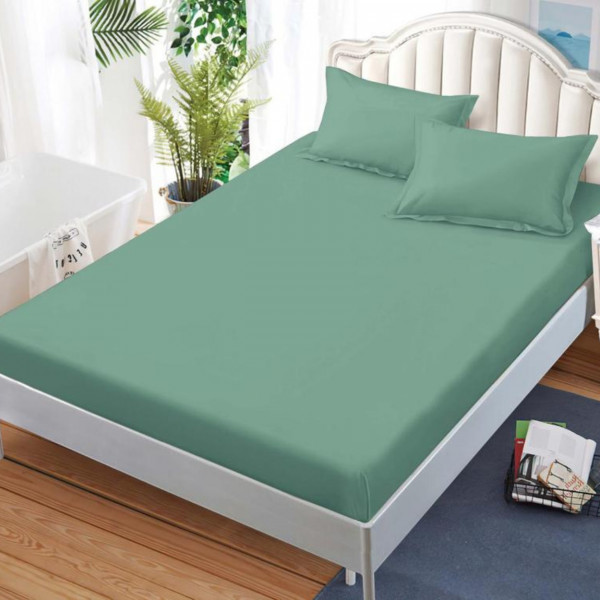 Husa de pat cu elastic si 2 fete de perna, bumbac tip finet, Uni, pat 2 persoane, verde menta, HBFJ-144