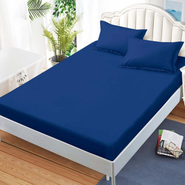 Husa de pat cu elastic si 2 fete de perna, bumbac tip finet, Uni, pat 2 persoane, bleumarin, HBFJ-153