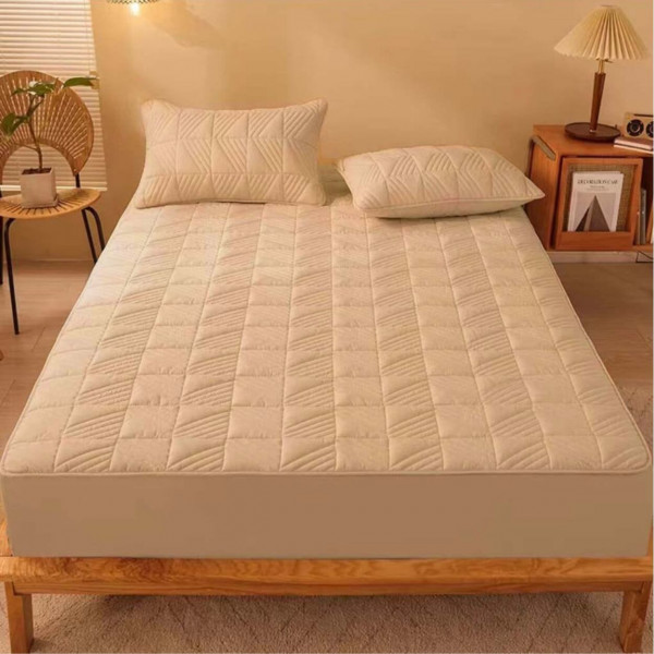 Husa de pat cu elastic si 2 fete de perna, policoton, pat 2 persoane, bej, HPEC-10 - Img 1
