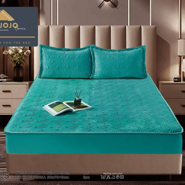 Husa de pat matlasata si 2 fete de perne din catifea, cu elastic, model tip topper, pat 2 persoane, turquoise, HTC-03