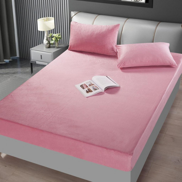 Husa de pat si 2 fete de perne din catifea, uni, cu elastic, pat 2 persoane, roz, HTC-13