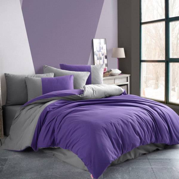 Lenjerie de pat, 100% bumbac, tesatura poplin, pat 2 persoane, 6 piese, gri / violet, Diamond Uni, HBP-97