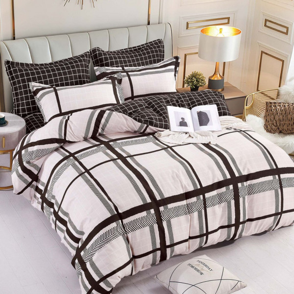 Lenjerie de Pat cu 2 Fete, Bumbac Tip Finet, 6 Piese, Pat 2 Persoane, Crem Negru, Black Stripes, FNJ-347