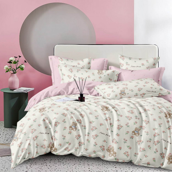 Lenjerie de pat cu 2 fete, tesatura tip finet, 4 piese, pat 1 persoana, roz / alb, FNJ1-230 - Img 1
