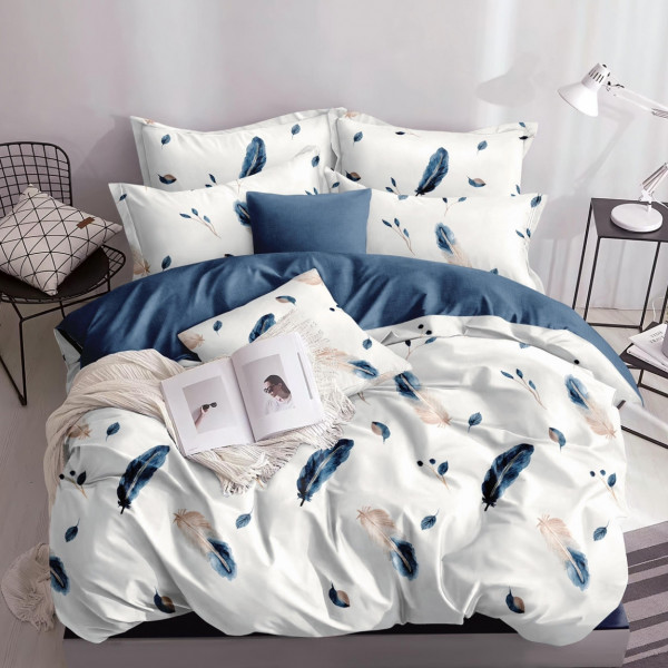 Lenjerie de pat cu elastic, policoton, pat 2 persoane, 4 piese, alb / albastru, R4E-24 - Img 1
