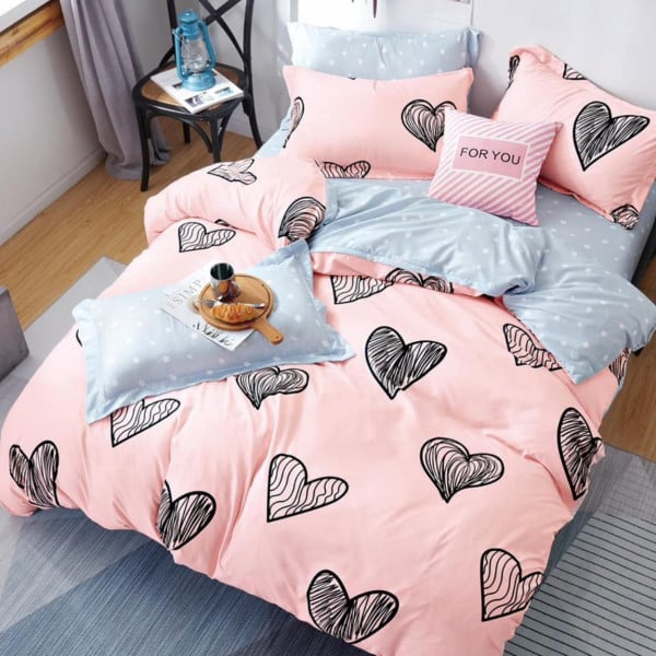 Lenjerie de pat cu elastic, policoton, pat dublu, roz, 4 piese, R4E-21