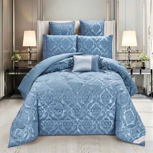 Lenjerie de pat cu elastic si pilota inclusa, bumbac tip jacquard, pat 2 persoane, 7 piese, albastru, LPJ-05