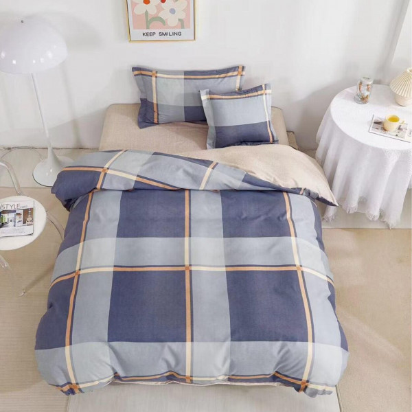Lenjerie de pat cu elastic, tesatura tip finet, pat 1 persoana, 4 piese, bej / albastru, T60-115