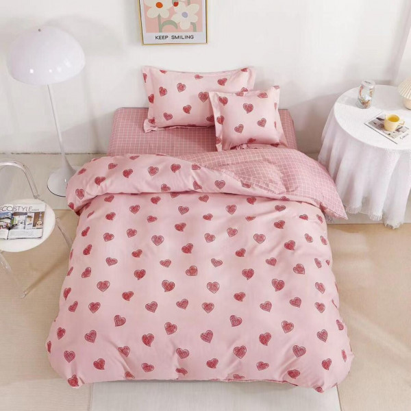 Lenjerie de pat cu elastic, tesatura tip finet, pat 1 persoana, 4 piese, roz, T60-110