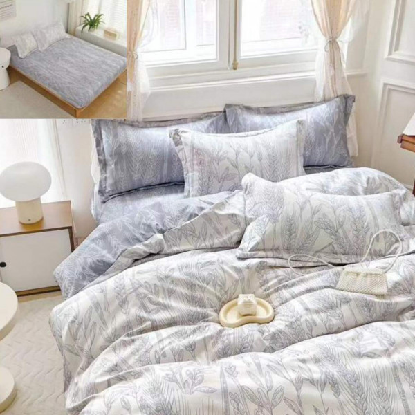 Lenjerie de pat cu elastic, tesatura tip finet, pat 2 persoane, 6 piese, alb / gri, T236