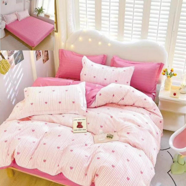 Lenjerie de pat cu elastic, tesatura tip finet, pat 2 persoane, 6 piese, roz, T233