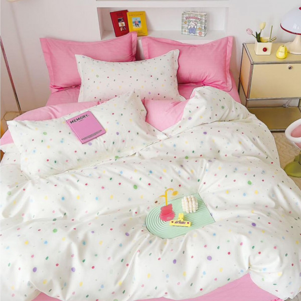 Lenjerie de pat cu elastic, tesatura tip finet, pat 2 persoane, alb / roz, 6 piese, FNE-203
