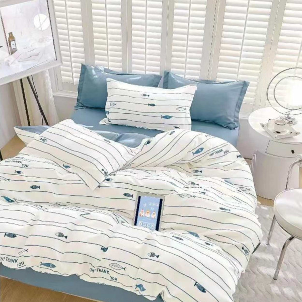 Lenjerie de pat cu elastic, tesatura tip finet, pat 2 persoane, alb / albastru, 6 piese, T229 - Img 1