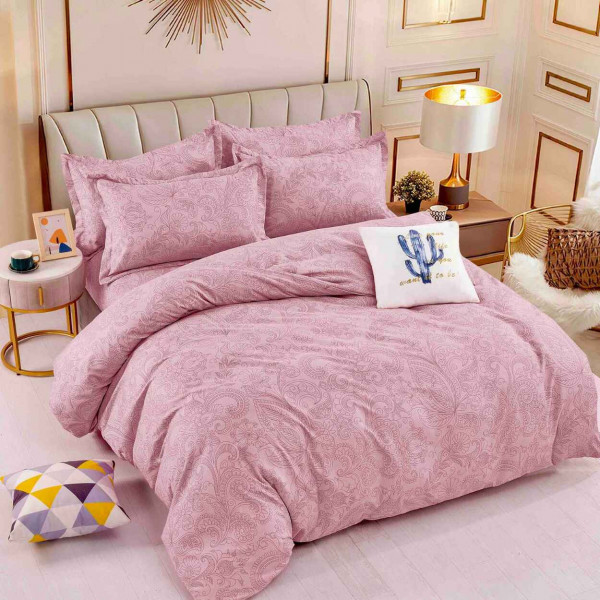 Lenjerie de pat cu elastic, tesatura tip finet, pat 2 persoane, roz, 6 piese, FNJE-124