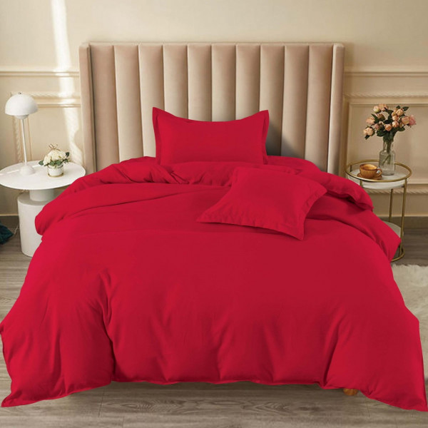 Lenjerie de pat cu elastic, tesatura tip finet, uni, pat 1 persoana, 4 piese, rosu, T60-55