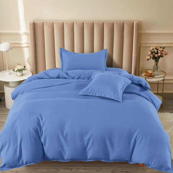 Lenjerie de pat cu elastic, uni, bumbac tip finet, pat 1 persoana, albastru inchis, 4 piese, FJ1-79