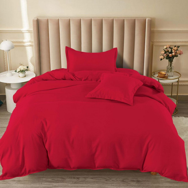 Lenjerie de pat cu elastic, uni, tesatura tip finet, pat 1 persoana, rosu, 4 piese, FJ1-89