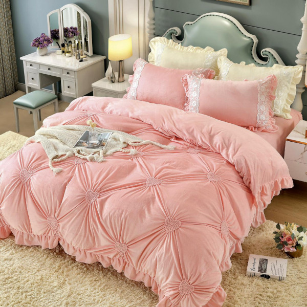 Lenjerie de pat din catifea, cu broderie, pat 2 persoane, roz pal, 4 piese, CCJ-01