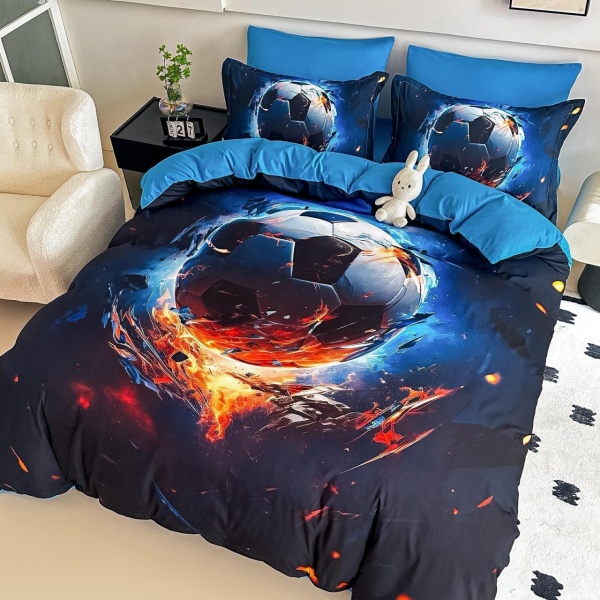 Lenjerie de pat din finet 4 piese ⚽ Albastru & Negru | Imprimeu digital 5D Minge de Fotbal | JOJO HOME | Pat 1 persoană