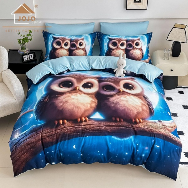 Lenjerie de pat din finet 4 piese 🦉 Albastru Noapte | Imprimeu digital 5D Bufnițe | JOJO HOME | Pat 1 persoană