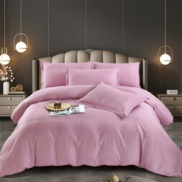 Lenjerie de pat dublu, cu elastic, damasc, roz, 6 piese, DME-05