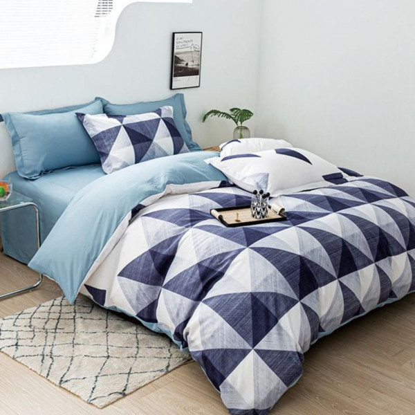 Lenjerie de pat dublu, policoton, cu elastic, albastru, 4 piese, E-76