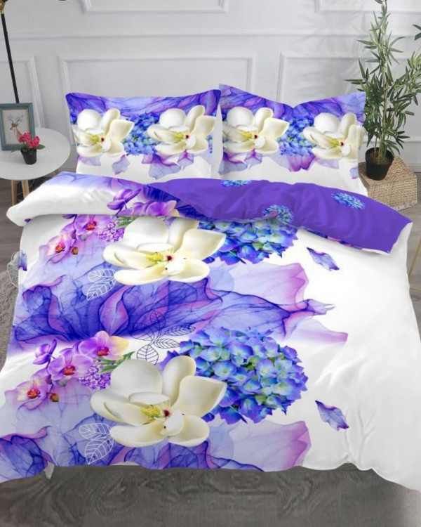 Lenjerie de pat, imprimeu 3D, policoton, pat 2 persoane, 4 piese, alb / violet, S4-18
