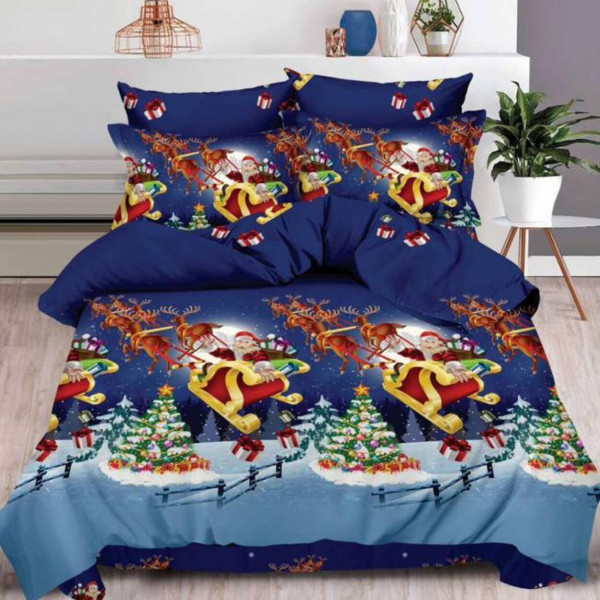 Lenjerie de pat Mos Craciun cu elastic, bumbac tip finet, pat 2 persoane, albastru inchis, 6 piese, QT-12