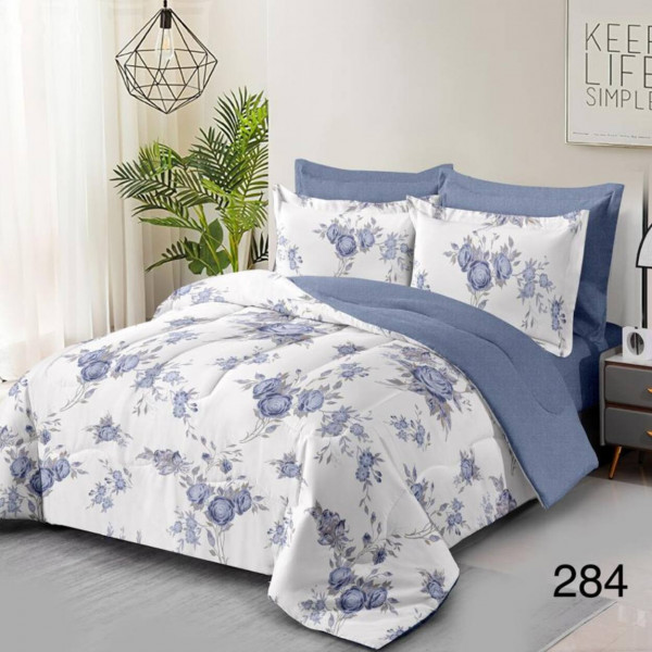 Lenjerie de pat, tesatura tip finet, pat 2 persoane, 6 piese, alb / albastru, FNY-232
