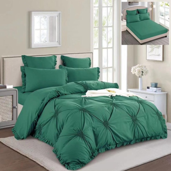 Lenjerie de pat uni cu pliuri si broderie, tesatura tip finet, 6 piese, pat 2 persoane, verde, T1-10