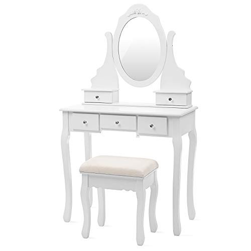 Masa de toaleta cu scaun si oglinda, MDF melaminat, alb, Songmics - Img 1