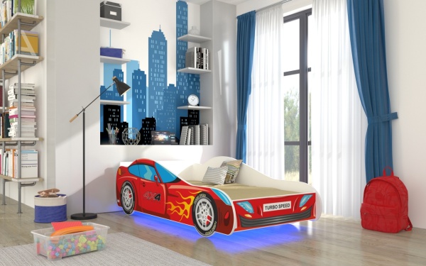 Pat copii cu lumina LED, cu saltea din spuma si somiera incluse, Car 4x4, ARDK Furniture - Img 1