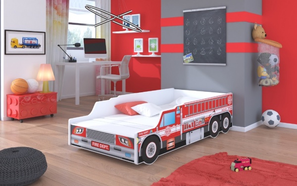 Pat copii cu saltea din spuma si somiera incluse, Fire Truck, ADRK Furniture