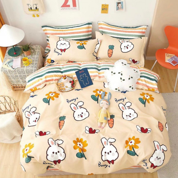 Set Lenjerie de Pat, Bumbac Tip Finet, 4 Piese, Pat 1 Persoana, Galben, Bunny, FNJ1-168