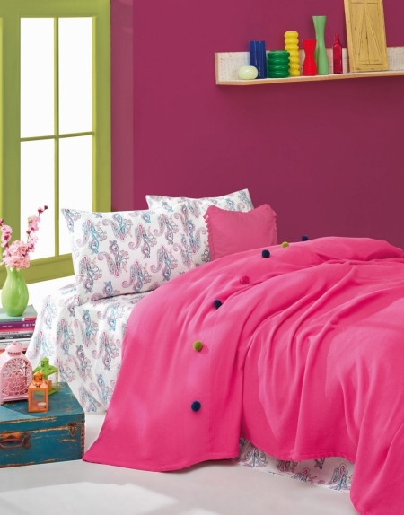 Set lenjerie de pat + cuvertura pentru o persoana Fancy Fuchsia, Cotton Box, 3 piese, 160 x 230 cm, 100% bumbac ranforce, roz