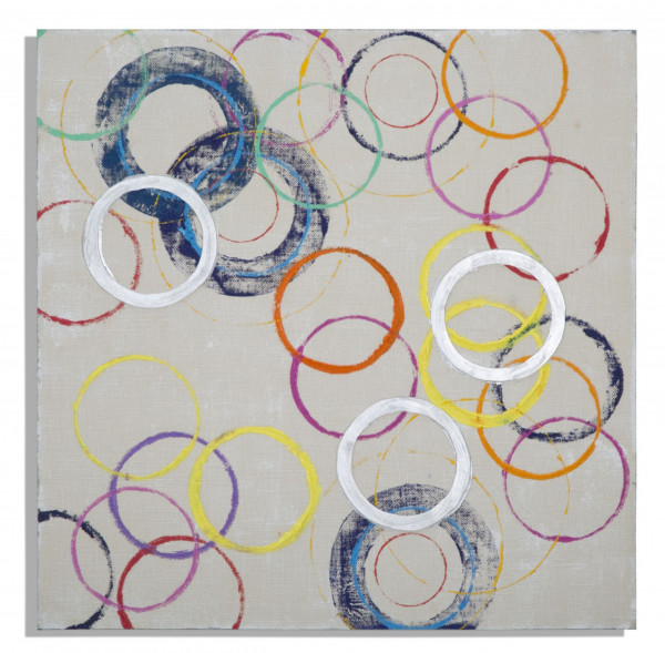 Tablou multicolor din lemn si panza, 80 x 3 x 80 cm, Floating Circles Mauro Ferreti