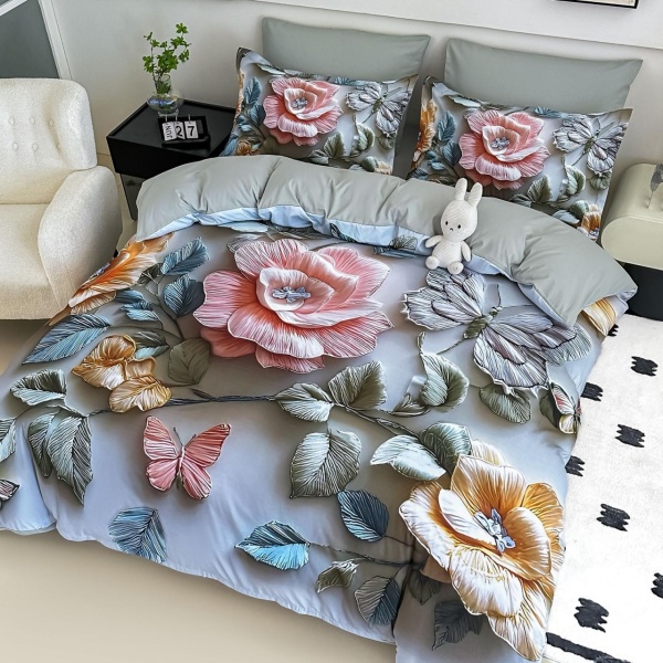🌸 Lenjerie de Pat 6 Piese Gri Pastel | Flori & Fluturi 3D | Imprimeu Digital 5D | Finet Catifelat | Jojo Home
