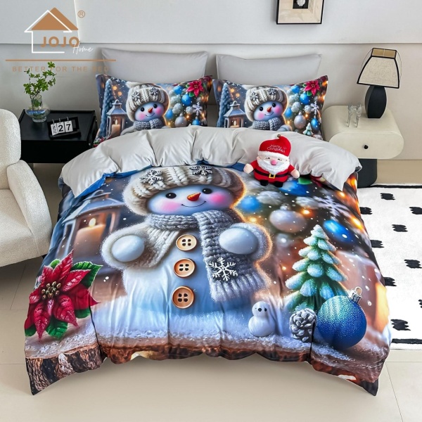 🎄 Lenjerie de Pat 6 Piese Crăciun Gri | Om de Zăpadă cu Pulover Tricotat | Imprimeu Digital 5D | Finet | Jojo Home