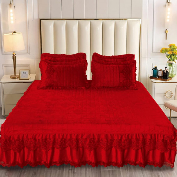 Cuvertura de pat, catifea, pat 2 persoane, rosu, 3 piese, CCC-98 - Img 1