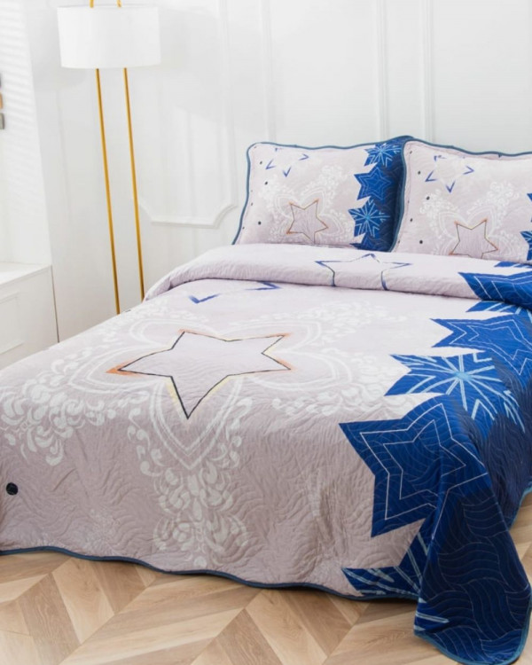 Cuvertura de pat cu 2 fete, pat 2 persoane, 3 piese, tesatura tip finet, alb / albastru, CVP3-17