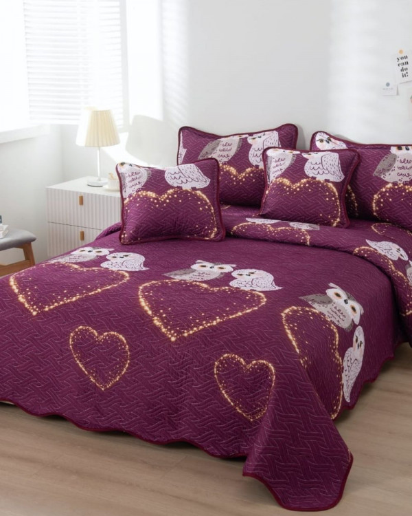 Cuvertura de pat cu 2 fete, pat 2 persoane, 5 piese, tesatura tip finet, violet, CVP5-03