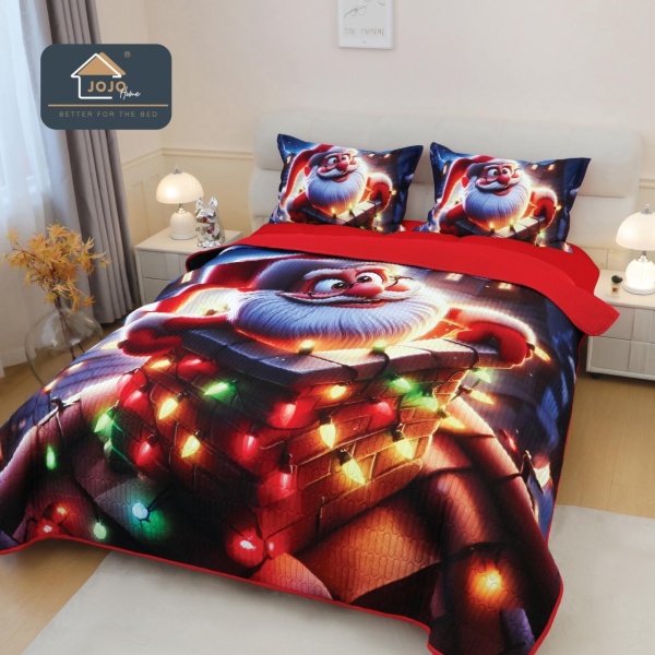 Cuvertură de Pat Matlasată 5D Crăciun Roșu | Moș Crăciun cu Lumini | 3 Piese | Finet Catifelat | PatulMeu