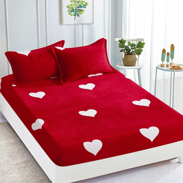 Husa de pat Cocolino cu elastic si 2 fete de perna, pat 2 persoane, alb / rosu, HCJ-79