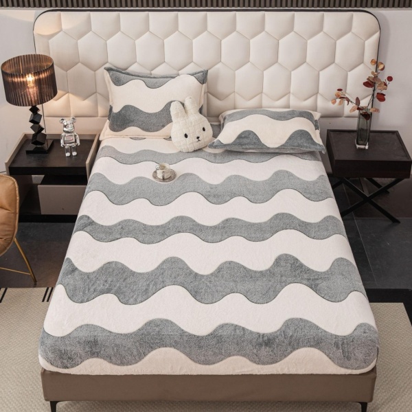Husă de Pat Cocolino Gri cu Dungi Ondulate Crem | 3 Piese | Elastic Perimetral | Jo-Jo Home