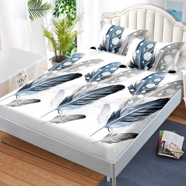 Husa de pat cu elastic si 2 fete de perna, bumbac finet, pat 2 persoane, alb / albastru, HBFJ-208