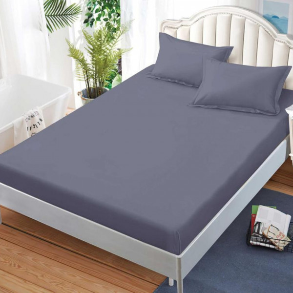 Husa de pat cu elastic si 2 fete de perna, bumbac tip finet, uni, pat 2 persoane, gri mat, HBFJ-145