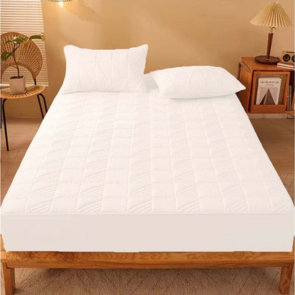 Husa de pat cu elastic si 2 fete de perna, policoton, pat 2 persoane, alb, HPEC-01 - Img 1