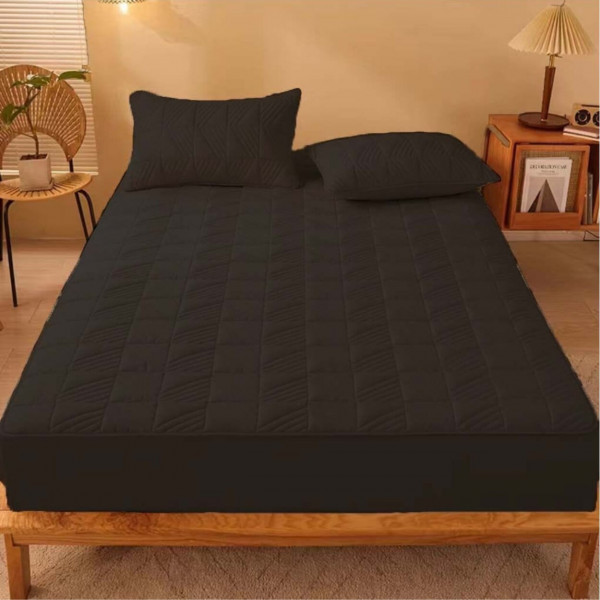 Husa de pat cu elastic si 2 fete de perna, policoton, pat 2 persoane, negru, HPEC-11 - Img 1