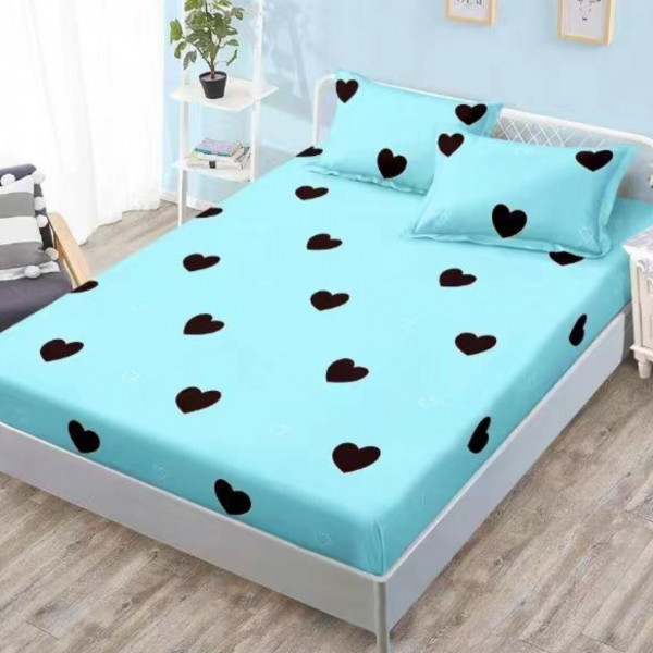 Husa de pat cu elastic si 2 fete de perna, tesatura tip finet, pat 2 persoane, turquoise / negru, G-236 - Img 1