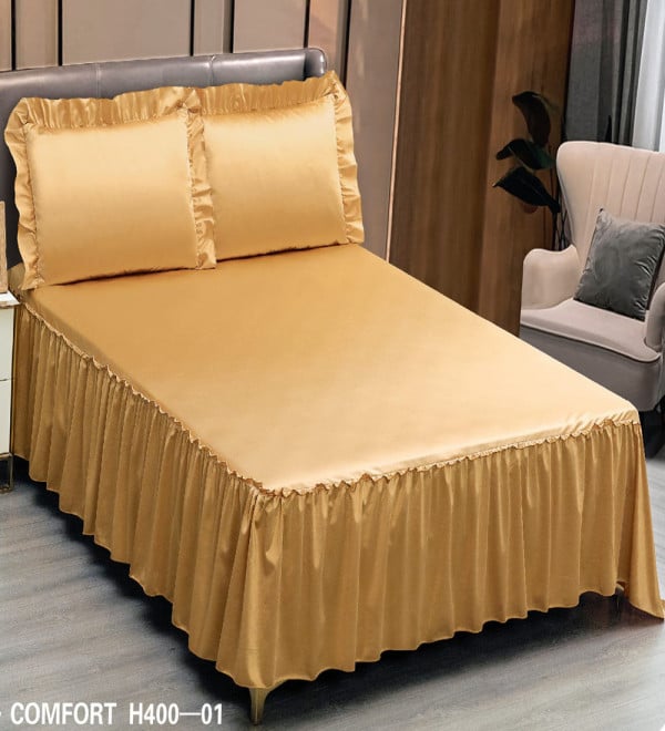 Husa de pat cu volan, material tip saten, pat 2 persoane, auriu, H400-01